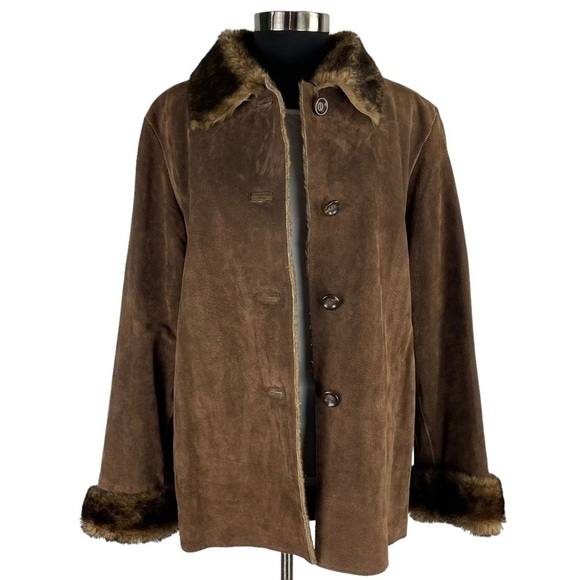 NEW YORK & CO PENNY LANE STYLE BROWN SUEDE LEATHER BUTTON DOWN FAUX FUR JACKET - Picture 5 of 14